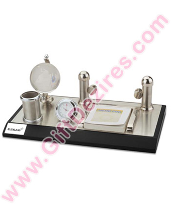 Metallic Multi Utility DeskTop Card Holder with Memo Pad Holder - Pen Stand - Table Clock - Globe